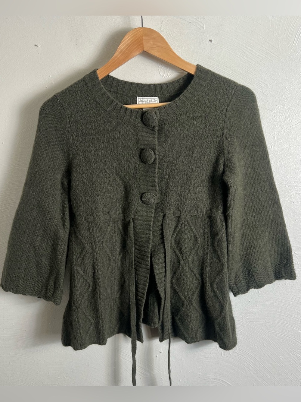Deane & White Lambswool / Angora Babydoll Green Cardigan Sweater Tie Waist